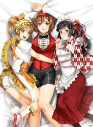  3girls :d ass black_eyes black_hair bloomers blush bow bowtie brown_eyes brown_hair commentary_request contemporary da_qiao frills girl_sandwich hair_ribbon hairband hairbow hug japanese_clothes korean_commentary leg_between_thighs legs looking_at_viewer lying maid maid_headdress multiple_girls name_tag on_back open_mouth pencil_skirt polka_dot polka_dot_bow polka_dot_ribbon ribbon sakichi sandwiched shin_sangoku_musou shin_sangoku_musou_7 shoes skirt smile sun_shang_xiang tail tiger_tail underwear vest wa_maid white_legwear xiao_qiao 