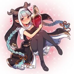  :t black_dress blue_hair blunt_bangs blush boots bottle braid breasts closed_mouth commentary_request draph dress female full_body granblue_fantasy habit hair_ribbon heart holding holding_bottle knees_together_feet_apart lamretta long_hair looking_at_viewer medium_breasts natsumi_(natumi06) nose_blush nun orange_ribbon pantyhose red_eyes ribbon solo sparkle thigh_boots thighhighs twin_braids very_long_hair 