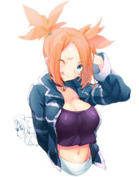  ;p breasts cleavage crop_top dojikko_pose female large_breasts midriff naso4 navel one_eye_closed orange_hair photoshop_(medium) pokemon pokemon_colosseum rui_(pokemon) solo tongue tongue_out twintails wes_(pokemon) 