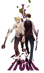  2boys anbiento baccano! blonde_hair blood blue_eyes brown_hair cleaver commentary_request gloves graham_specter hair_over_one_eye highres holding_hands key multiple_boys shaft_(baccano) short_hair trick_or_treat wrench 