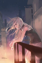  aqua_eyes arm_rest bare_shoulders bra camisole carciphona chinese_commentary city cityscape commentary_request english_commentary female from_side leaning_forward long_hair mixed-language_commentary night pants profile railing shilin sky solo star_(sky) starry_sky underwear veloce_visrin white_hair wind 