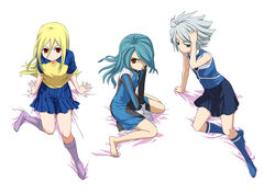  3boys afuro_terumi aphrodi blue_hair crossdressing crossdressing hair_over_one_eye inazuma_eleven inazuma_eleven_(series) kazemaru_ichirouta looking_up male male_focus multiple_boys red_eyes skirt suzuno_fuusuke trap white_hair 