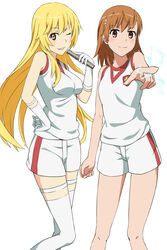  2girls alternate_breast_size blonde_hair breasts brown_eyes brown_hair commentary_request controller elbow_gloves electricity electrokinesis emblem gloves gym_shirt gym_shorts gym_uniform hand_up holding holding_remote_control jack-barro long_hair medium_breasts medium_hair misaka_mikoto multiple_girls one_eye_closed psychic remote_control school_emblem shirt shokuhou_misaki short_shorts shorts sleeveless sleeveless_shirt sparkling_eyes sportswear standing symbol-shaped_pupils thighhighs toaru_kagaku_no_railgun toaru_kagaku_no_railgun_t toaru_majutsu_no_index tokiwadai_school_gym_uniform very_long_hair white_gloves white_shirt white_shorts 