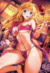  ass_visible_through_thighs bare_legs bare_shoulders barefoot bikini blonde_hair blue_eyes blush breasts candy_apple cleavage comic_penguin_club dutch_angle eyepatch_bikini faceless faceless_male female fingernails floral_print food front-tie_bikini_top front-tie_top highres japanese_clothes kimono large_breasts leg_up linked_bikini long_hair looking_at_viewer looking_away navel non-web_source off_shoulder open_clothes open_kimono open_mouth outdoors photoshop_(medium) pinky_out purple_bikini saburou_(hgmg) sandals string_bikini swimsuit underboob yukata 