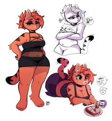  anthro black_eyes black_eyeshadow black_stripes cat cat_ears cat_tail catgirl chubby chubby_female cleavage eyeshadow fat feline fishnets food funny furry garfield_(series) garfield_the_cat goth gothfield gothified green_eyes green_sclera lasagna orange_fur orange_hair rule_63 saroosaurus slightly_chubby text text_bubble white_background 