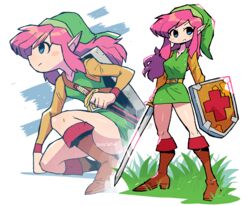  absurdres belt blue_eyes blush_stickers boots brown_belt brown_footwear closed_mouth dress female frown grass green_dress green_headwear hat highres holding holding_sword holding_weapon link_(shounen_captain) multiple_views one_knee pink_hair rariatto_(ganguri) standing sword the_legend_of_zelda weapon 