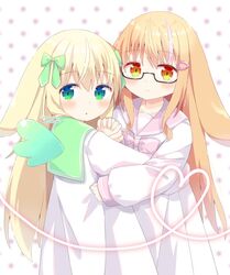  2girls :o animal_ears black-framed_eyewear blonde_hair blush bow brown_eyes closed_mouth commentary_request commission dress glasses green_eyes green_sailor_collar hair_between_eyes heart holding_hands interlocked_fingers long_sleeves looking_at_viewer looking_back multicolored_hair multiple_girls nakkar original parted_lips pink_bow pink_hair pink_sailor_collar polka_dot polka_dot_background puffy_long_sleeves puffy_sleeves sailor_collar sailor_dress semi-rimless_eyewear skeb_commission sleeves_past_wrists streaked_hair twitter_username under-rim_eyewear white_background white_dress 