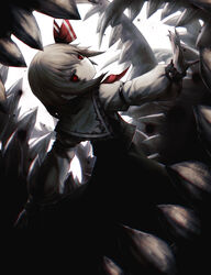  :/ ascot black_dress blonde_hair closed_mouth collared_shirt commentary cowboy_shot darkness dress female frilled_shirt_collar frills from_behind hair_between_eyes hair_ribbon highres looking_at_viewer looking_back open_hands outstretched_arms red_ascot red_eyes red_ribbon ribbon rumia sharp_teeth shirt short_hair sleeve_cuffs solo spark621 teeth touhou white_shirt 