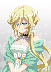  aged_up blonde_hair breasts cleavage closed_mouth dress elfnein female floating_hair gradient_background grey_background hair_between_eyes highres jewelry large_breasts long_hair miona_yui mole mole_under_eye pendant senki_zesshou_symphogear shiny_skin sleeveless sleeveless_dress smile solo upper_body very_long_hair white_background white_dress 