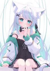  animal_collar animal_ear_fluff animal_ears aqua_eyes aqua_hair babydoll bare_shoulders cat_ears cat_girl cat_tail collar expressionless female highres jacket long_hair long_sleeves looking_at_viewer mikaze_oto multicolored_hair off_shoulder open_clothes open_jacket original sitting strap_slip streaked_hair tail white_hair 