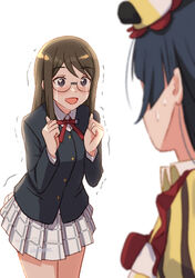  2girls black_hair black_jacket blazer blush brown_hair buttons checkered_clothes checkered_skirt clenched_hands commentary crying crying_with_eyes_open dot_nose dress frills glasses grey_skirt hands_up happy_tears hat heart heart_in_eye infinity!_our_wings!! jacket long_hair long_sleeves love_live! love_live!_nijigasaki_high_school_idol_club multiple_girls neck_ribbon nijigasaki_school_uniform nijigasaki_student_council_vice_president open_mouth out_of_frame red_ribbon ribbon round_eyewear school_uniform shamakho shirt skirt smile sweat symbol_in_eye tears thighs trembling white_background white_shirt wing_collar yellow_dress yuki_setsuna_(love_live!) 