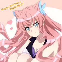  2020 blue_eyes breasts cleavage closed_mouth collarbone dated female floating_hair hair_between_eyes hair_ornament happy_birthday heart highres hugging_own_legs long_hair looking_at_viewer maria_cadenzavna_eve medium_breasts miona_yui pink_hair senki_zesshou_symphogear sitting sleeveless smile solo very_long_hair 