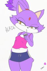  2:3 accessory anthro blaze_the_cat blue_bottomwear blue_clothing blue_pants bottomwear clothing crop_top domestic_cat felid feline felis female fur headband hi_res hikaridraws hotpants mammal midriff navel pants pink_clothing pink_shirt pink_topwear purple_body purple_fur red_headband sega shirt shorts solo sonic_the_hedgehog_(series) tank_top topwear white_body white_fur yellow_eyes 