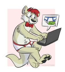  absurd_res aka_the_otter anthro black_nose black_pawpads blue_eyes blue_seam_briefs blue_seam_underwear bow_tie briefs clothing colored_seam_underwear computer electronics english_text eyewear fur glasses hair hi_res laptop male mammal mouse_cursor mushketeery mustelid nerd otter pawpads paws pink_background red_bow_tie red_hair red_seam_briefs red_seam_underwear side_view simple_background sitting smile solo tan_body tan_fur teeth teeth_showing text tighty_whities typing underwear white_background white_body white_briefs white_clothing white_fur white_underwear 