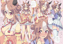  ahoge animal_ears armpits arms_at_sides arms_up breasts brown_hair cleavage closed_eyes commentary_request copano_rickey_(umamusume) double_bun female fingerless_gloves gloves hair_bun homing_(areya) horse_ears horse_girl horse_tail medium_breasts multiple_views oerba_yun_fang purple_eyes school_uniform simple_background sweat tail thighhighs tracen_school_uniform translation_request umamusume white_background 