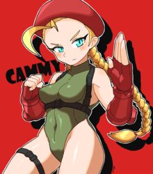  absurdres ahoge blonde_hair blue_eyes braid breasts cammy_white character_name chest_harness covered_navel cowboy_shot female fingerless_gloves gloves green_leotard harness highleg highleg_leotard highres huge_ahoge leotard long_hair omura_zojiki pose red_gloves small_breasts solo street_fighter twin_braids 