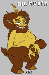  1_horn arm_hair beard belly big_belly big_mouth_(series) bite biting_lip blue_eyes body_hair bovid caprine dwaynebiddixart facial_hair grin hooves hormone_monster horn humanoid male mammal monster netflix overweight overweight_male smile solo 