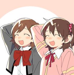  2girls ^_^ aijou_karen arm_behind_head arm_up backlighting blush blush_stickers bow bowtie brown_hair cardigan circle closed_eyes collared_shirt cropped_jacket crossover d.y.x. dot_nose dress_shirt facing_viewer from_side furrowed_brow grey_jacket hair_between_eyes hair_ornament hairclip idolmaster idolmaster_million_live! jacket kasuga_mirai large_bow long_sleeves lowres multiple_girls neck_ribbon nose_blush one_side_up open_clothes open_jacket open_mouth outside_border pink_background pink_cardigan pink_scrunchie polka_dot polka_dot_scrunchie red_bow red_bowtie ribbon school_uniform scrunchie seishou_music_academy_uniform shirt short_hair shoujo_kageki_revue_starlight smile swept_bangs two-tone_background upper_body white_background white_shirt 