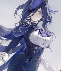  ascot blue_capelet blue_hair breasts brooch capelet clorinde_(genshin_impact) commentary_request corset female genshin_impact gloves grey_background hat highres jewelry large_breasts long_hair looking_at_viewer purple_ascot purple_eyes shirt simple_background solo tricorne upper_body white_gloves white_shirt xuemen 