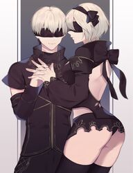  1boy 2b_(nier:automata) 9s_(nier:automata) alternate_costume ass backless_dress backless_outfit bad_id bad_twitter_id black_blindfold black_bow black_dress black_hairband black_pants black_sleeves black_thighhighs blindfold bow breasts clothing_request commentary_request covered_eyes cowboy_shot detached_sleeves dress female gloves grey_background grey_hair hairband hand_up highres holding_hands interlocked_fingers large_breasts long_sleeves mole mole_under_mouth nier:automata nier_(series) nier_reincarnation pants puffy_sleeves shimatori_(sanyyyy) short_dress short_hair skindentation smile straight thighhighs white_background white_hair 