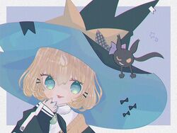  bell black_bow black_hat black_jacket blonde_hair bow collared_shirt eyebrows_hidden_by_hair female hat jacket lucie_(millie_parfait) millie_parfait nijisanji nijisanji_en off_shoulder orange_sweater shirt short_hair smile solo star_(symbol) sweater totomaru_(neko_oyasumi_) virtual_youtuber white_shirt witch witch_hat 