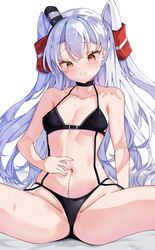  amatsukaze_(kancolle) black_bra black_choker black_panties body_writing bra breasts brown_eyes calin choker commentary_request female hair_tubes highres kantai_collection length_markings long_hair looking_down navel panties penis_measuring simple_background small_breasts smokestack_hair_ornament solo spread_legs two_side_up underwear underwear_only white_background white_hair 