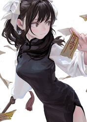  :3 backlighting black_dress black_eyes black_hair breasts china_dress chinese_clothes closed_mouth commentary dress earrings eyeball_bracelet_girl_(fkey) female fkey focused highres holding holding_paper holding_sword holding_weapon jewelry light_smile looking_to_the_side medium_breasts original paper ribbon side_slit simple_background solo standing sword symbol-only_commentary talisman weapon white_background white_ribbon yin_yang yin_yang_earrings 