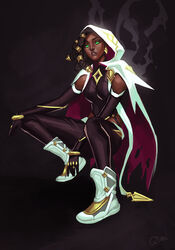  asymmetrical_hair black_gloves black_pants breasts cape dark-skinned_female dark_skin dreadlocks elbow_gloves english_commentary female full_body gloves glowing glowing_eyes green_eyes highres hood hood_up hooded_cape league_of_legends lips medium_breasts nose pants photoshop_(medium) qtori senna_(league_of_legends) shoes sneakers solo squatting very_dark_skin white_cape white_footwear 