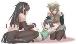  3girls abs animal_ears arms_behind_head arms_up aurochs_(kemono_friends) bad_id bad_pixiv_id bare_shoulders black_hair breast_pocket bridle brown_eyes brown_hair brown_sports_bra brown_thoroughbred_(kemono_friends) camouflage camouflage_shirt camouflage_skirt captain_(kemono_friends) cheering cow_ears cow_horns exercising full_body green_hair hands_up highres horns horse_tail kemono_friends kemono_friends_3 kneeling layered_sleeves leggings long_hair long_sleeves looking_at_another medium_hair midriff multicolored_hair multiple_girls necktie open_mouth pantyhose pocket pointy_ears print_shirt print_skirt red_eyes shirt short_hair short_over_long_sleeves short_sleeves shorts side_ponytail sit-up sitting skirt smile sports_bra sportswear stomach sweat tail tan toned toned_female training two-tone_hair yongo_ichifu 