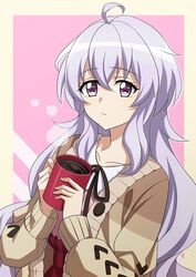  ahoge alternate_hairstyle black_ribbon border brown_cardigan cardigan closed_mouth cup female grey_hair hair_between_eyes hair_down holding holding_cup hot_chocolate long_hair long_sleeves miona_yui mug neck_ribbon open_cardigan open_clothes outside_border pink_background purple_eyes ribbon senki_zesshou_symphogear solo upper_body very_long_hair white_border yukine_chris yukine_chris_(another) 