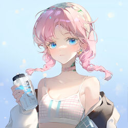  arknights bare_shoulders blue_background blue_eyes blue_poison_(arknights) blue_poison_(shoal_beat)_(arknights) blush bottle breasts choker closed_mouth collarbone commentary_request earrings female gradient_background hairband highres holding holding_bottle jacket jewelry long_hair long_sleeves looking_at_viewer off_shoulder official_alternate_costume open_clothes open_jacket pink_choker pink_hair qin_chi small_breasts smile solo sports_bra twitter_username upper_body white_hairband white_jacket 