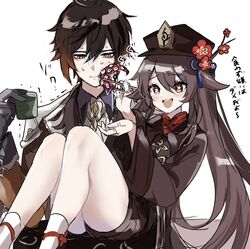  1boy bad_id bad_twitter_id black_hair black_headwear black_shorts blush bow brown_eyes brown_hair chopsticks commentary cup female flower food genshin_impact hair_between_eyes hair_ornament hat highres hominamia hu_tao_(genshin_impact) inactive_account jacket long_hair long_sleeves octopus open_mouth shorts simple_background sitting smile teacup tentacle thighs very_long_hair white_background zhongli_(genshin_impact) 