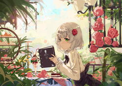  absurdres black_bow black_bowtie blush bow bowtie cake cake_slice closed_mouth cup drinking_straw female flower food from_side genshin_impact green_eyes grey_hair hair_flower hair_ornament highres holding holding_menu ice_cream long_sleeves medium_hair menu noelle_(genshin_impact) plant red_flower sideways_glance skirt solo table upper_body white_skirt yajuu 