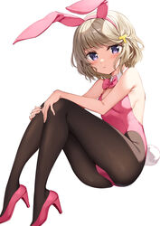  :t animal_ears ass bare_arms bare_shoulders black_pantyhose bow bowtie breasts brown_hair commentary_request detached_collar fake_animal_ears female hair_ornament hairband high_heels highleg highleg_leotard highres knees_up koga_tomoe leotard looking_at_viewer oryo_(oryo04) pantyhose pink_footwear pink_leotard playboy_bunny pout purple_eyes rabbit_ears seishun_buta_yarou short_hair simple_background small_breasts solo strapless strapless_leotard white_background 