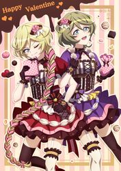  2girls :d ;) asymmetrical_legwear black_gloves black_legwear blue_eyes box braid braided_ponytail brown_hair bustier carol_malus_dienheim closed_mouth elfnein garter_straps gift gift_box gloves hair_ribbon happy_valentine highres holding holding_box layered_skirt locked_arms long_hair looking_at_viewer miniskirt miona_yui mole mole_under_eye multiple_girls one_eye_closed open_mouth pink_hair pink_ribbon polka_dot purple_skirt red_skirt ribbon ribbon_braid senki_zesshou_symphogear short_hair short_sleeves skirt smile smug standing striped striped_background thighhighs uneven_legwear very_long_hair white_legwear zettai_ryouiki 