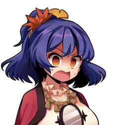  alternate_costume blue_hair female hair_ornament harukawa_moe_(style) keiko_(emoticon) leaf leaf_hair_ornament leaf_on_head mirror orange_eyes short_hair solo surprised sweat sweatdrop thick_eyebrows touhou upper_body yasaka_kanako 