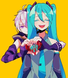  2girls aqua_hair aqua_necktie arm_warmers arms_around_back asymmetrical_sleeves bandaged_arm bandages bare_shoulders behind_another black_sleeves closed_eyes commentary facing_viewer fingerless_gloves flower_(vocaloid) flower_(vocaloid4) gloves grey_shirt hair_ornament half-closed_eyes hatsune_miku heart heart_hands highres jacket kanji kanji_focus kazuse616 long_hair looking_at_viewer multiple_girls necktie purple_eyes purple_hair purple_jacket purple_nails shirt short_hair single_arm_warmer sleeveless sleeveless_jacket sleeveless_shirt translated twintails very_long_hair vocaloid white_hair yellow_background 