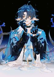  1boy absurdres arknights bishounen black_gloves blue_neckerchief cowboy_shot eyes_visible_through_hair fish_boy formal gloves highres humi_humi infection_monitor_(arknights) lumen_(arknights) male_focus neckerchief orange_eyes pointy_ears shirt solo suit tentacle water white_shirt 