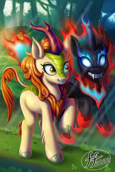  2022 asian_mythology autumn_blaze_(mlp) black_body blue_eyes chinese_mythology cloven_hooves digital_media_(artwork) dragon duo east_asian_mythology eyelashes fangs female feral fernando_faria fire flaming_hair flaming_mane forest friendship_is_magic green_body green_scales hasbro hooves horn kirin mane mirror my_little_pony mythological_creature mythological_scalie mythology nirik orange_mane plant pseudo_hair pseudo_mane raised_leg scales scalie signature tan_body teeth tree yellow_eyes 