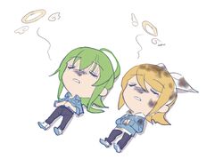  2girls blonde_hair blue_hoodie blue_shirt bow bow_hairband cartoon_wings chibi closed_eyes commentary death detached_wings dirty dirty_clothes dirty_face drawstring giving_up_the_ghost green_hair gumi hairband hairbow halo hood hoodie kagamine_rin lying medium_hair multiple_girls omake on_back own_hands_together pants parted_lips shirt sidelocks traditional_halo vocaloid white_bow white_footwear wings wounds404 