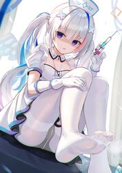  amane_kanata amane_kanata_(nurse) ass bandaged_arm bandages blue_eyes blue_hair blush colored_inner_hair detached_collar dress empty_eyes feet female foot_out_of_frame gloves grey_hair grey_panties hair_ornament hat highres holding holding_syringe hololive long_hair looking_at_viewer mirufuaa multicolored_hair no_shoes nurse_cap official_alternate_costume official_alternate_hair_length official_alternate_hairstyle panties panties_under_pantyhose pantyhose pink_hair shaded_face short_sleeves single_hair_intake soles solo streaked_hair syringe thighband_pantyhose twintails underwear virtual_youtuber white_dress white_gloves white_pantyhose x_hair_ornament 