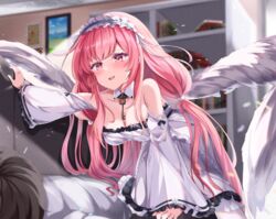  acchii_(akina) azur_lane bare_shoulders blurry blurry_background blush breasts cleavage commentary_request dress female frilled_hairband frills hairband highres jewelry key key_necklace long_sleeves low_twintails medium_breasts necklace open_mouth perseus_(azur_lane) pink_eyes pink_hair sweat twintails white_dress wings 