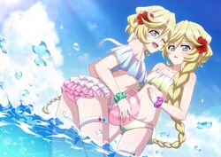  2girls ;d aqua_scrunchie ball beachball bikini blonde_hair blue_eyes blue_sky braid braided_ponytail carol_malus_dienheim cloud collarbone day elfnein flat_chest floating_hair flower gradient_bikini hair_between_eyes hair_flower hair_ornament hibiscus holding holding_ball layered_bikini long_hair miona_yui mole mole_under_eye multiple_girls one_eye_closed open_mouth outdoors purple_scrunchie red_flower scrunchie senki_zesshou_symphogear sky smile summer swimsuit thigh_strap very_long_hair wading wrist_scrunchie 