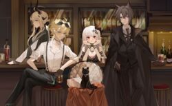  2boys 2girls ahoge animal_ears arknights bar_(place) black_cat black_choker black_hair black_jacket black_pants blonde_hair bottle choker christine_(arknights) commentary_request dog_ears feet_out_of_frame feline hands_up highres horns jacket long_hair long_sleeves mudrock_(arknights) mudrock_(obsidian)_(arknights) multiple_boys multiple_girls official_alternate_costume pants phantom_(arknights) pointy_ears reed_(arknights) reed_(emerald_holiday)_(arknights) shirt sitting sunglasses tequila_(arknights) tequila_(cardwinner)_(arknights) white_hair white_shirt xubeiluobozhi 