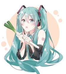  :o aqua_eyes aqua_hair aqua_necktie bare_shoulders black_sleeves commentary detached_sleeves female food grey_shirt hair_ornament hands_up hatsune_miku headphones headset highres holding holding_food holding_spring_onion holding_vegetable long_hair looking_at_viewer nanace_0 necktie open_mouth shirt shoulder_tattoo sleeveless sleeveless_shirt solo spring_onion tattoo twintails upper_body vegetable very_long_hair vocaloid 