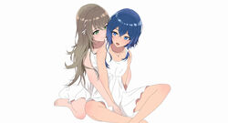  2girls absurdres aderzorns bare_legs barefoot blue_eyes blue_hair brown_hair camisole collarbone dress green_eyes highres hug hug_from_behind long_hair misakino_kukuru miyazawa_fuuka multiple_girls shell_hair_ornament shiroi_suna_no_aquatope short_hair simple_background toes white_camisole white_dress yuri 