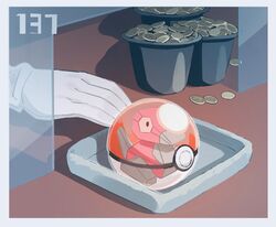  1other ball border coin commentary_request gloves in_container in_poke_ball poke_ball poke_ball_(basic) pokemon pokemon_(creature) porygon pot pushing torinoko_(miiko_draw) tray white_border white_gloves 