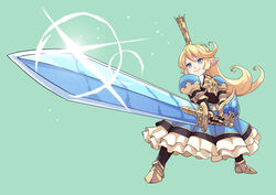  absurdres armor armored_dress blonde_hair blue_eyes boots charlotta_(granblue_fantasy) cirenk commentary commission dwarf english_commentary female foreshortening glint granblue_fantasy harvin highres looking_afar perspective pointy_ears shield sunrise_stance sword tall_crown weapon 