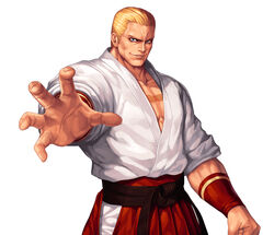  1boy arm_at_side blonde_hair blue_eyes collarbone commentary_request cowboy_shot dougi evilgun fatal_fury fingernails geese_howard hakama hakama_skirt highres japanese_clothes looking_at_viewer male_focus outstretched_arm parted_lips pectoral_cleavage pectorals red_hakama short_hair simple_background skirt smile smirk solo standing the_king_of_fighters the_king_of_fighters_&#039;96 white_background 