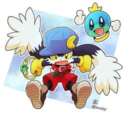  1boy animal_ears belt blue_headwear full_body furry furry_male gem gloves hat holding jewelry kaze_no_klonoa klonoa looking_at_viewer low_twintails male_focus oerba_yun_fang open_mouth red_shorts ring satoe_(wenocokoya) shorts tail twintails yellow_gloves yellow_pupils 